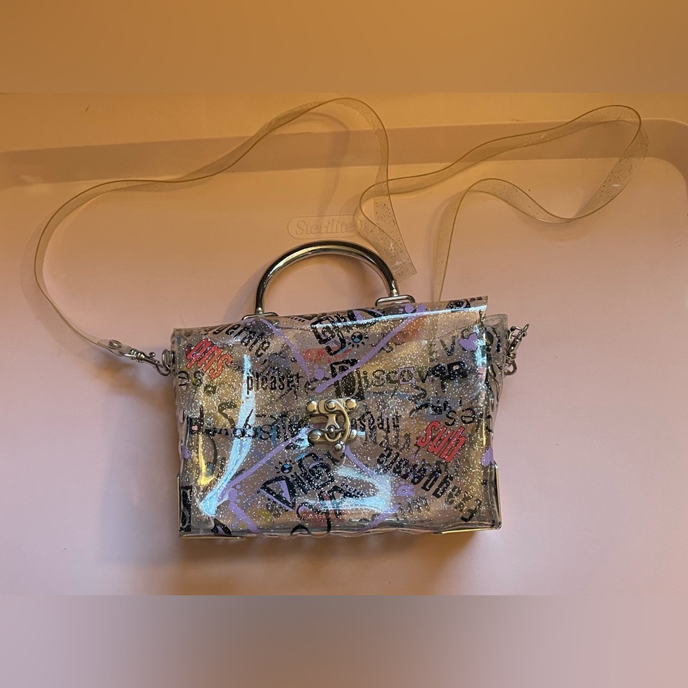 Clear Graffiti Purse Bag W/ Silver Handle & Shoulder Strap